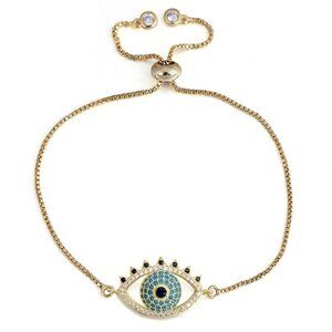 Evil Eye Cute Eyelash Gold Blue Pave Cubic Zirconia Thin Adjustable Bracelet